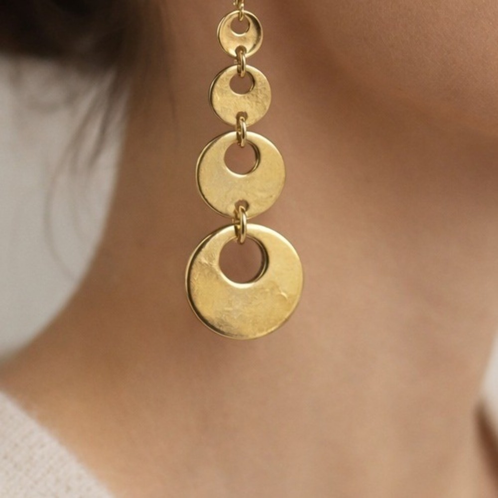 Dangle Earrings Vintage Gold Tone Graduated Open Circle Disk Drop Leverback Chic